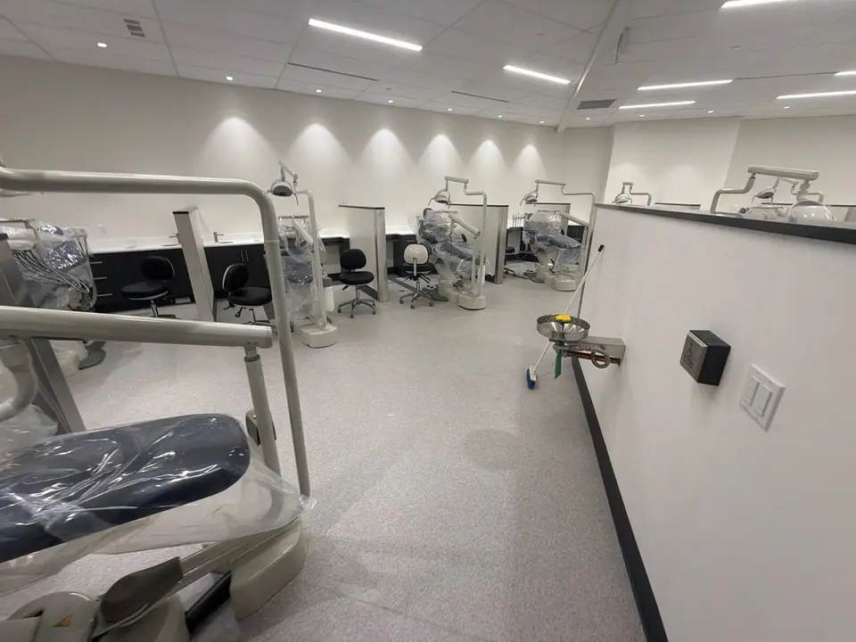 Open-plan dental clinic with rows of operatories after a medical deep clean