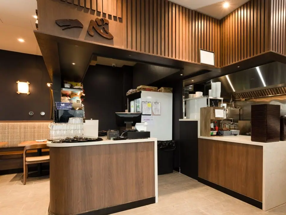 Restaurant counter and wood-slat millwork